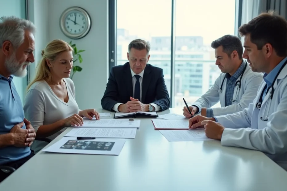 Paciente em consulta com médico e advogado avaliando possível erro de diagnóstico