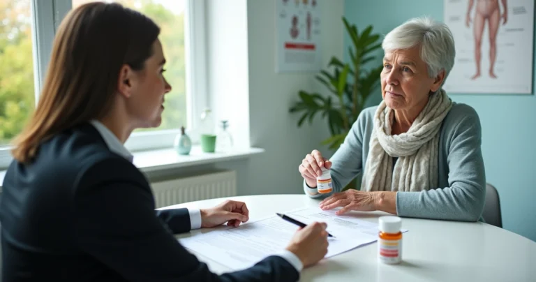 Paciente oncológica analisa frasco de medicamento oral ao lado de formulário de plano de saúde