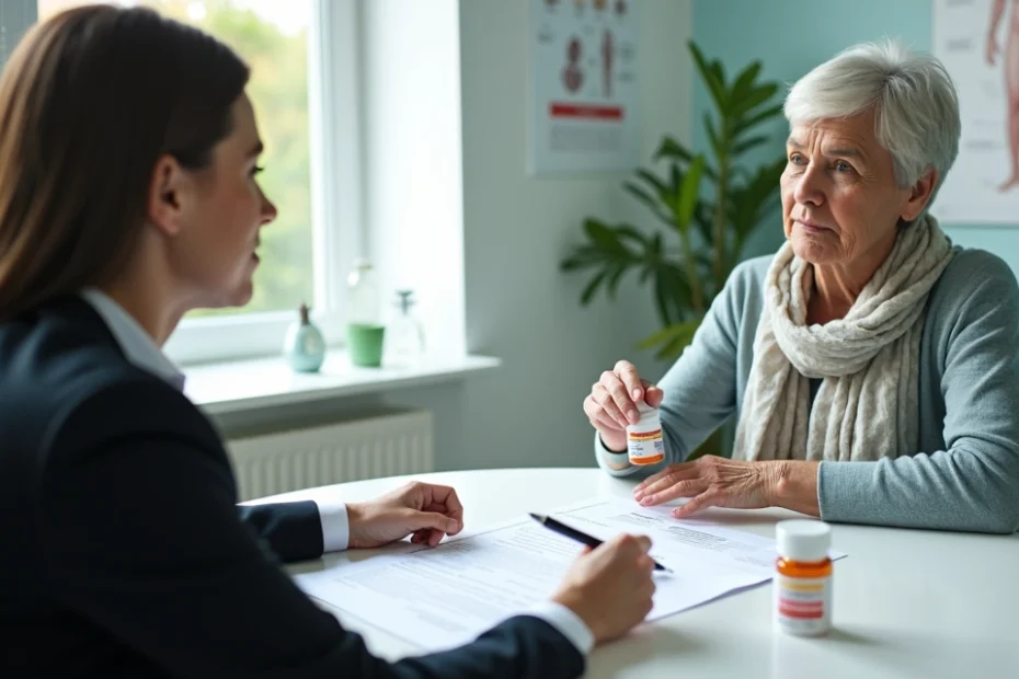 Paciente oncológica analisa frasco de medicamento oral ao lado de formulário de plano de saúde