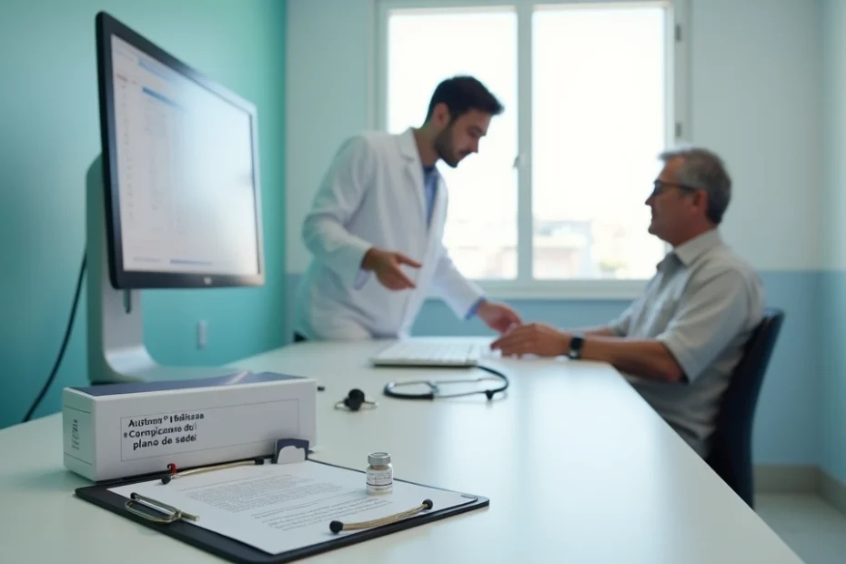 Oncologista analisa chaveiro com símbolo de DNA segurando caixa de pembrolizumabe em consultório moderno