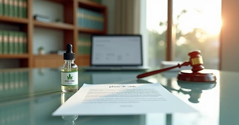 Frasco de óleo de canabidiol ao lado de contrato de plano de saúde e martelo de juiz