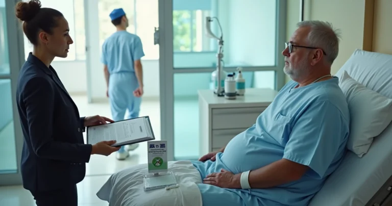 Advogada orienta paciente em leito hospitalar sobre plano de saúde e infecção