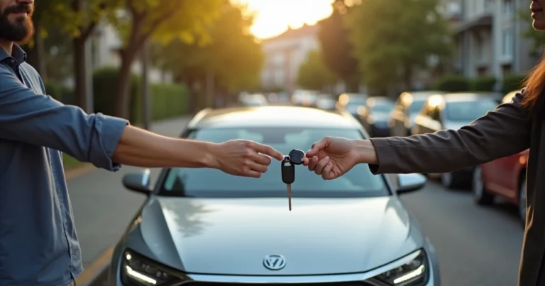 Motorista entrega chave do carro para outra pessoa em frente a veículo segurado