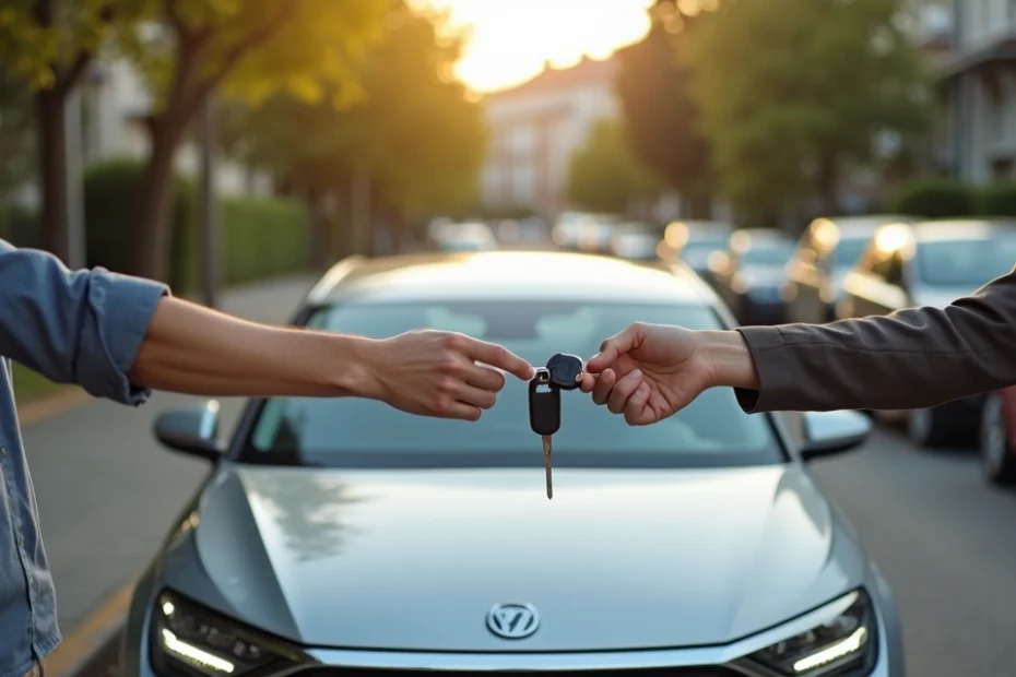 Motorista entrega chave do carro para outra pessoa em frente a veículo segurado