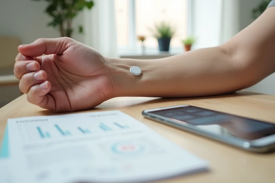 Pessoa aplicando sensor FreeStyle Libre no braço com cartão de plano de saúde ao lado