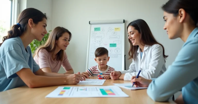 Pais de criança autista conversam com médica sobre cobertura de terapia ABA pelo plano de saúde