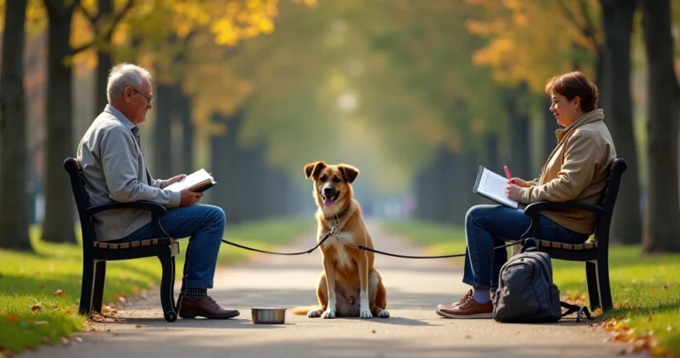 Casal separado sentado em parque com cachorro entre os dois