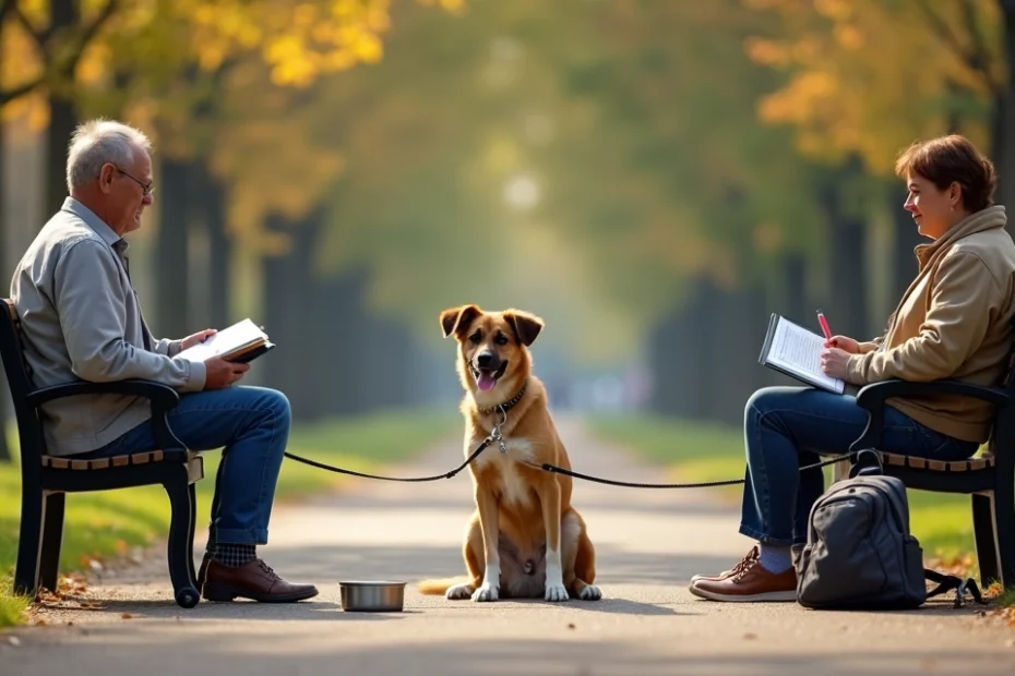 Casal separado sentado em parque com cachorro entre os dois