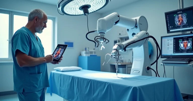 Cirurgião configura robô cirúrgico para prostatectomia em hospital moderno