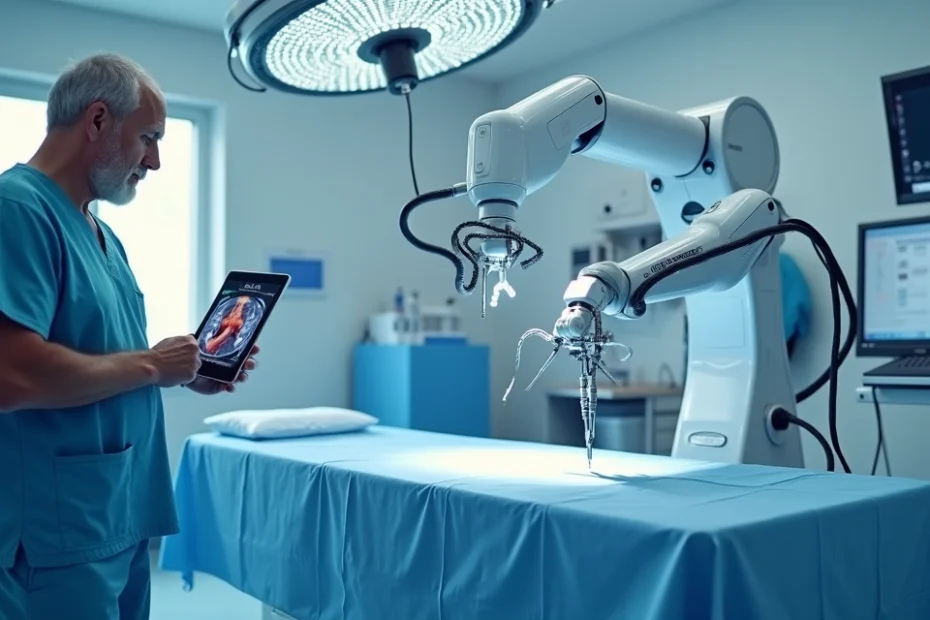 Cirurgião configura robô cirúrgico para prostatectomia em hospital moderno