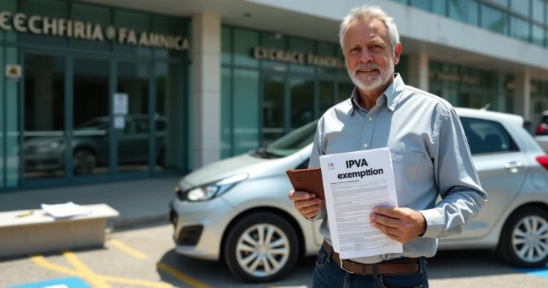 Condutor com visão monocular ao lado de carro segurando documentos de isenção de IPVA