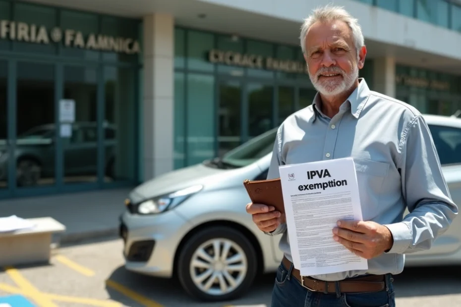 Condutor com visão monocular ao lado de carro segurando documentos de isenção de IPVA