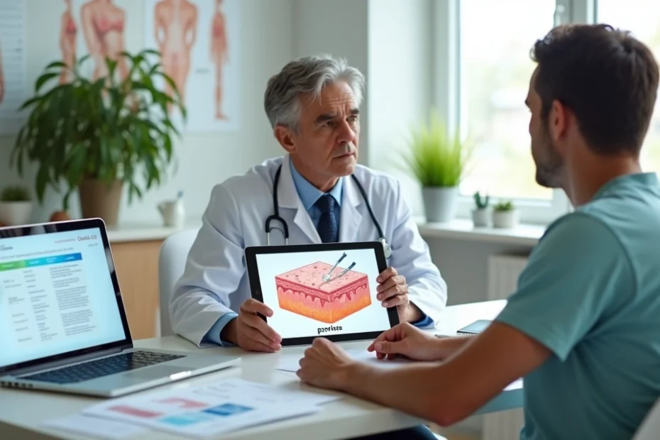 Dermatologista mostra tratamento de psoríase em tablet para paciente em consultório moderno
