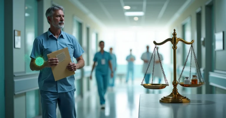 Paciente observando balança de justiça e símbolo do Planserv