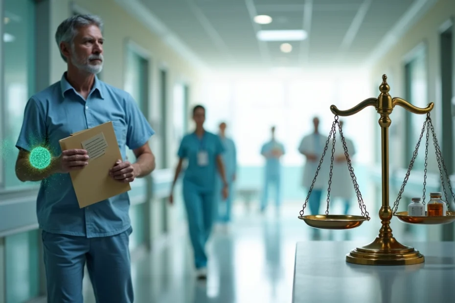 Paciente observando balança de justiça e símbolo do Planserv