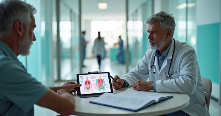 Oncologista mostra esquema de imunoterapia a paciente em consulta no hospital