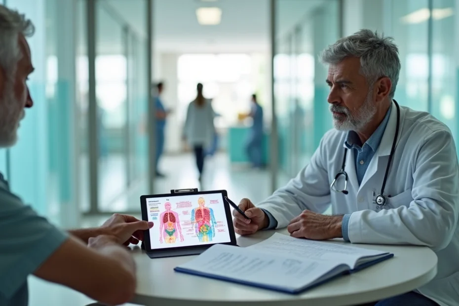 Oncologista mostra esquema de imunoterapia a paciente em consulta no hospital