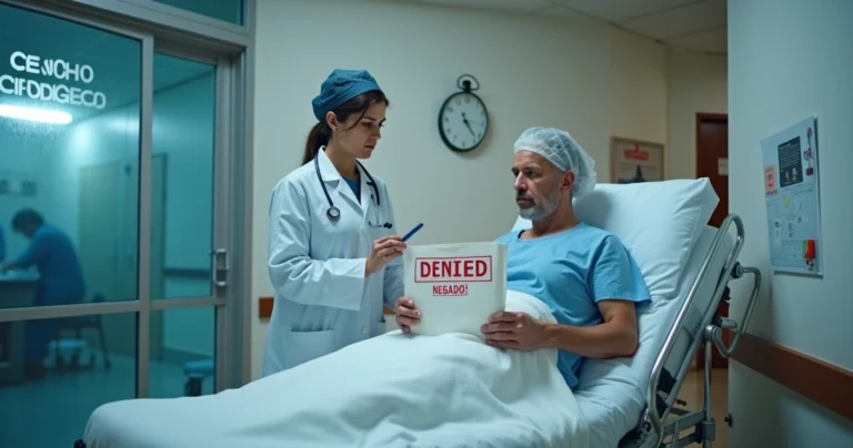 Paciente em maca ouvindo explicação de médica sobre cirurgia negada pelo plano