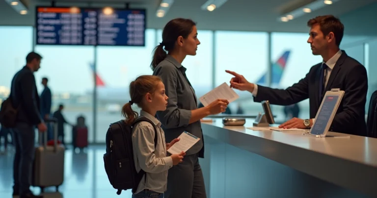 Mãe com filho adolescente segurando passagens e documentos no aeroporto