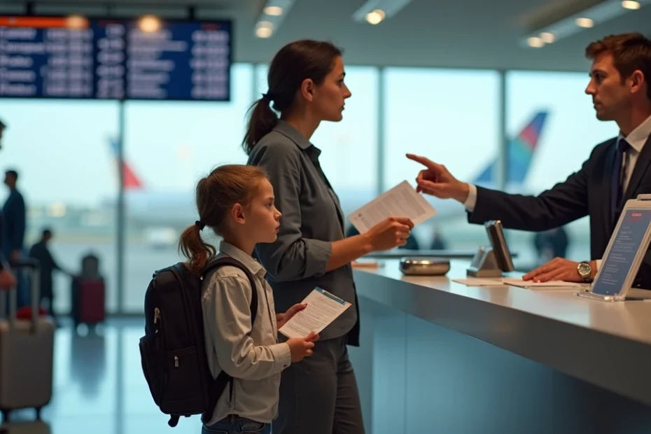 Mãe com filho adolescente segurando passagens e documentos no aeroporto