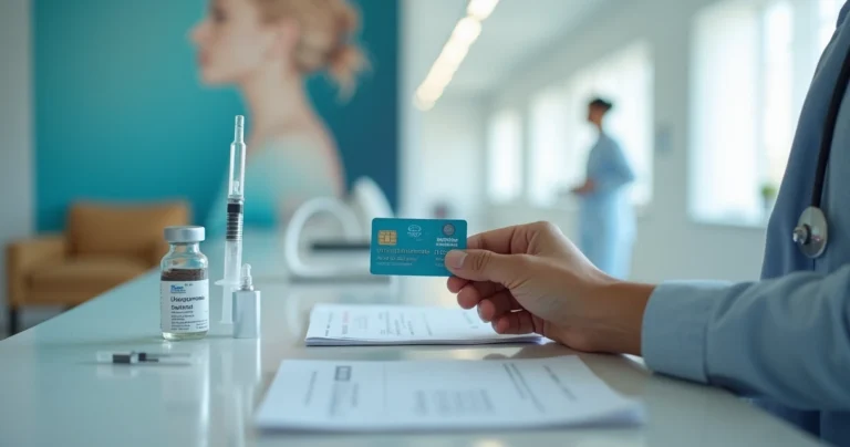 Frascos de medicamento biológico com mão segurando cartão de plano de saúde