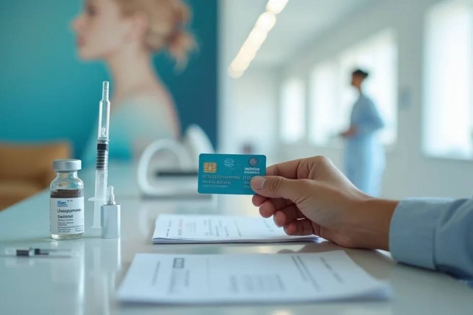Frascos de medicamento biológico com mão segurando cartão de plano de saúde