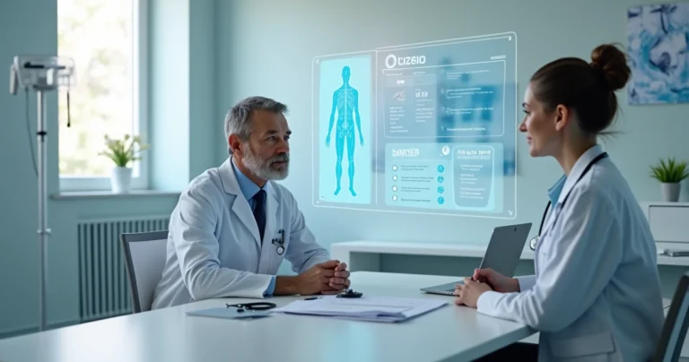 Médica e paciente analisam quadro digital de tratamento oncológico e cobertura do plano de saúde