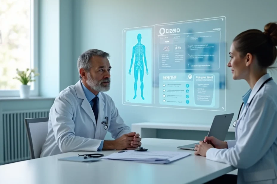 Médica e paciente analisam quadro digital de tratamento oncológico e cobertura do plano de saúde