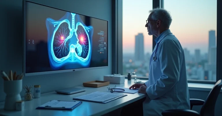 Oncologista analisa exame de pulmão em frente a janela de hospital