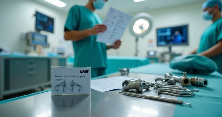 Mesa de cirurgia com profissional segurando prótese e cartão de plano de saúde ao lado