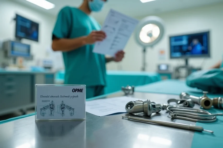 Mesa de cirurgia com profissional segurando prótese e cartão de plano de saúde ao lado