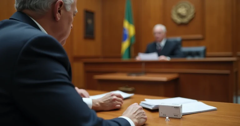 Paciente ao lado de advogado em frente a juiz com caixa de medicamento na bancada