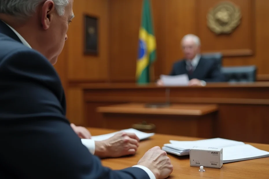 Paciente ao lado de advogado em frente a juiz com caixa de medicamento na bancada