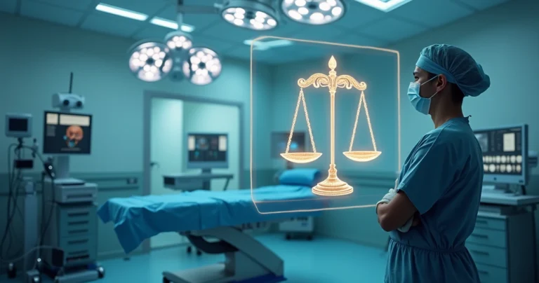 Cirurgião observa balança da justiça projetada sobre sala de cirurgia