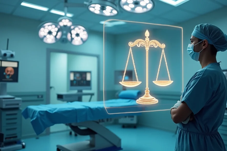 Cirurgião observa balança da justiça projetada sobre sala de cirurgia