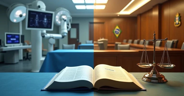 Robô cirúrgico ao lado de tribunal simbolizando decisão judicial sobre planos de saúde