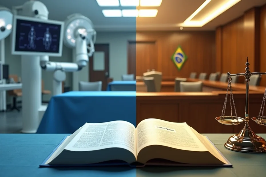 Robô cirúrgico ao lado de tribunal simbolizando decisão judicial sobre planos de saúde