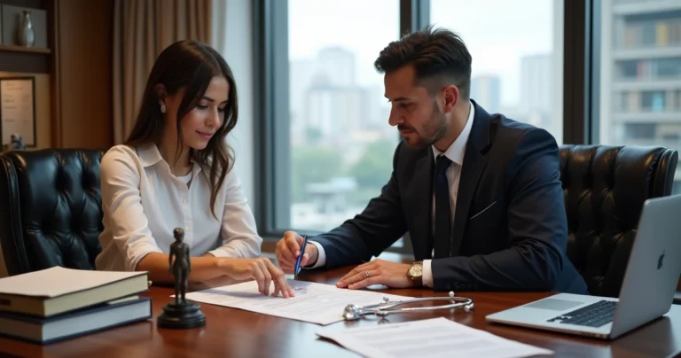 Cliente conversa com advogado sobre indenização por procedimento estético em escritório moderno