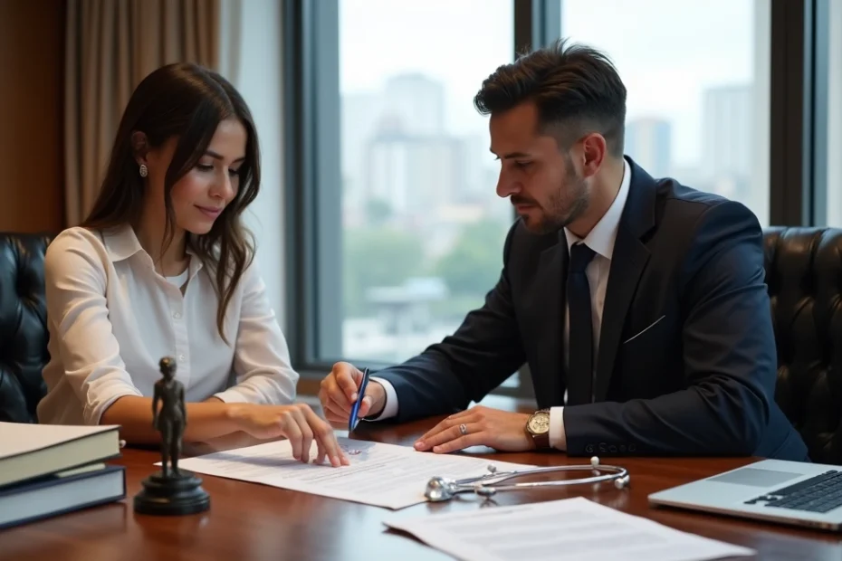 Cliente conversa com advogado sobre indenização por procedimento estético em escritório moderno
