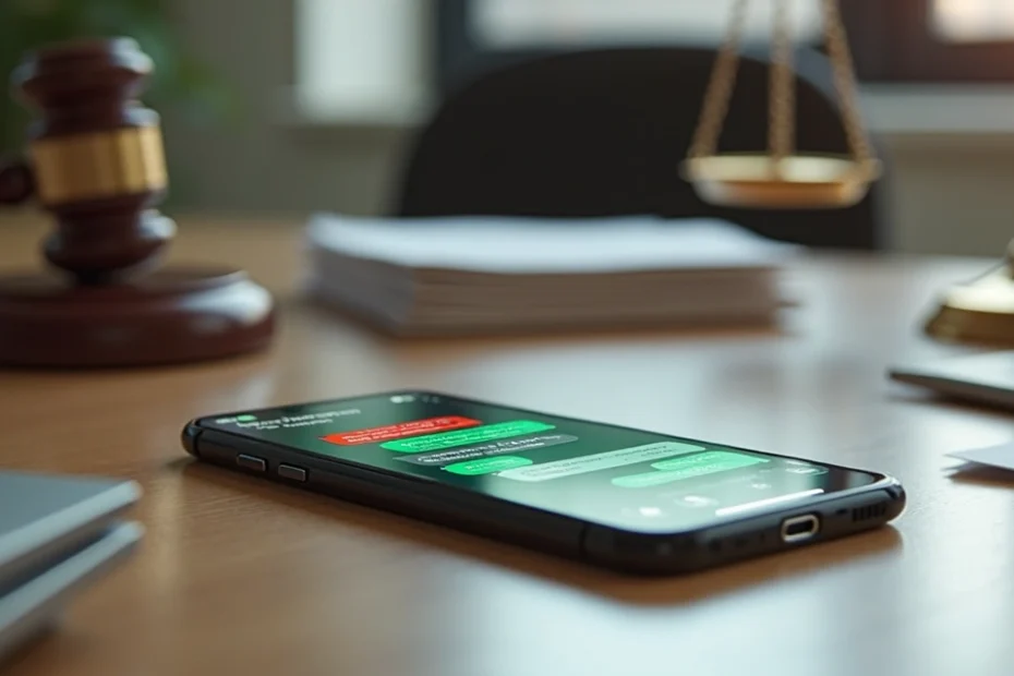 Tela de celular com conversa de WhatsApp sobreposta a símbolo de justiça