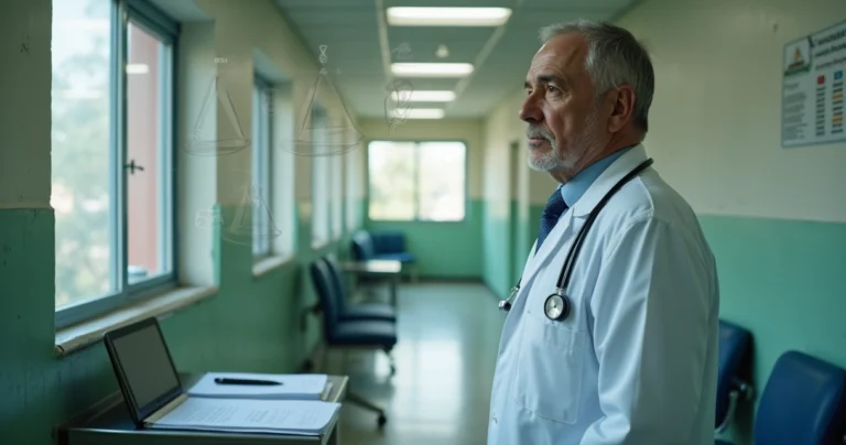 Médico servidor público em consultório modesto diante de símbolos de justiça