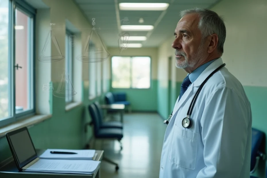 Médico servidor público em consultório modesto diante de símbolos de justiça