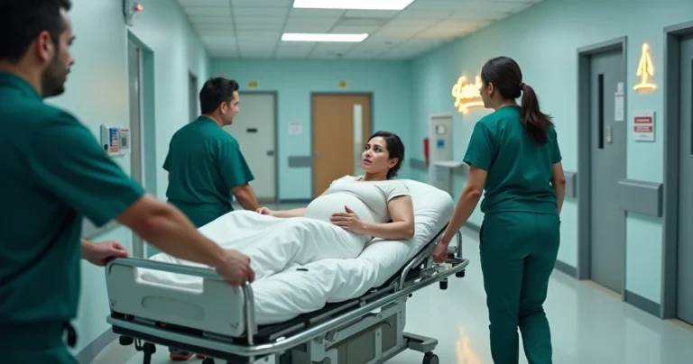 Casal com gestante em maca de hospital enquanto balança da justiça aparece ao fundo