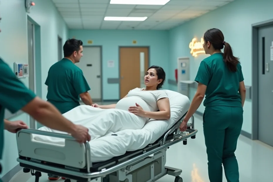 Casal com gestante em maca de hospital enquanto balança da justiça aparece ao fundo