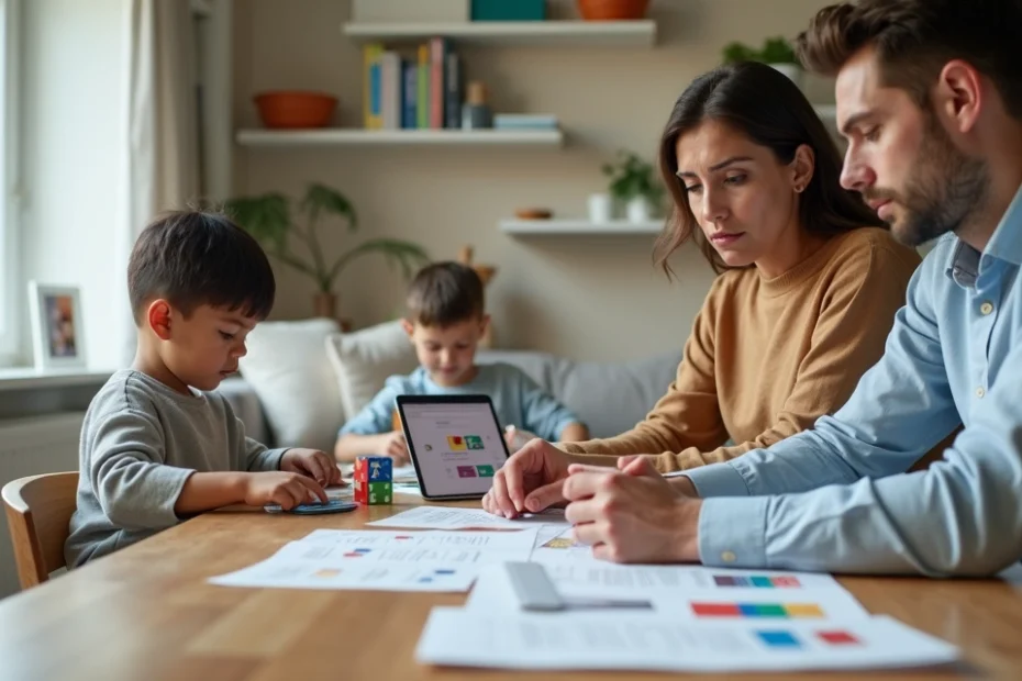 Pais de menor autista analisando contrato de plano de saúde com expressão de dúvida