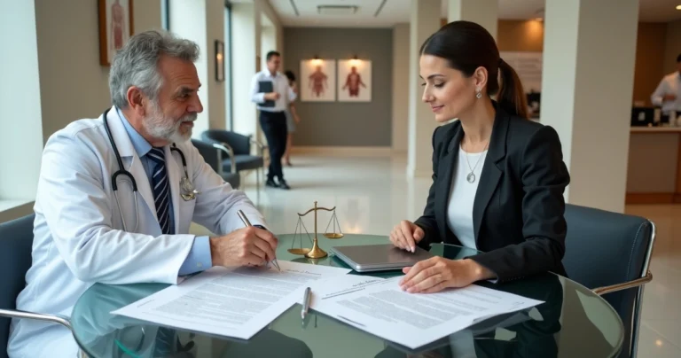 Médico e advogada analisam documentos jurídicos em clínica particular
