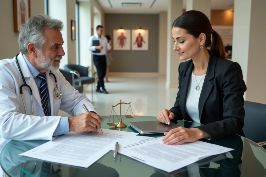 Médico e advogada analisam documentos jurídicos em clínica particular