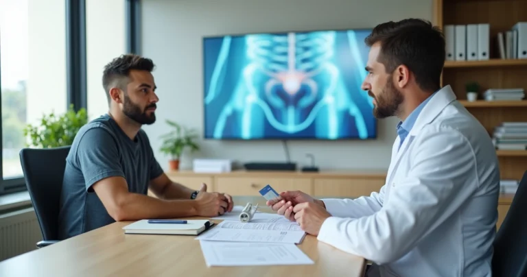 Urologista explica opção de prótese peniana a paciente em consultório moderno