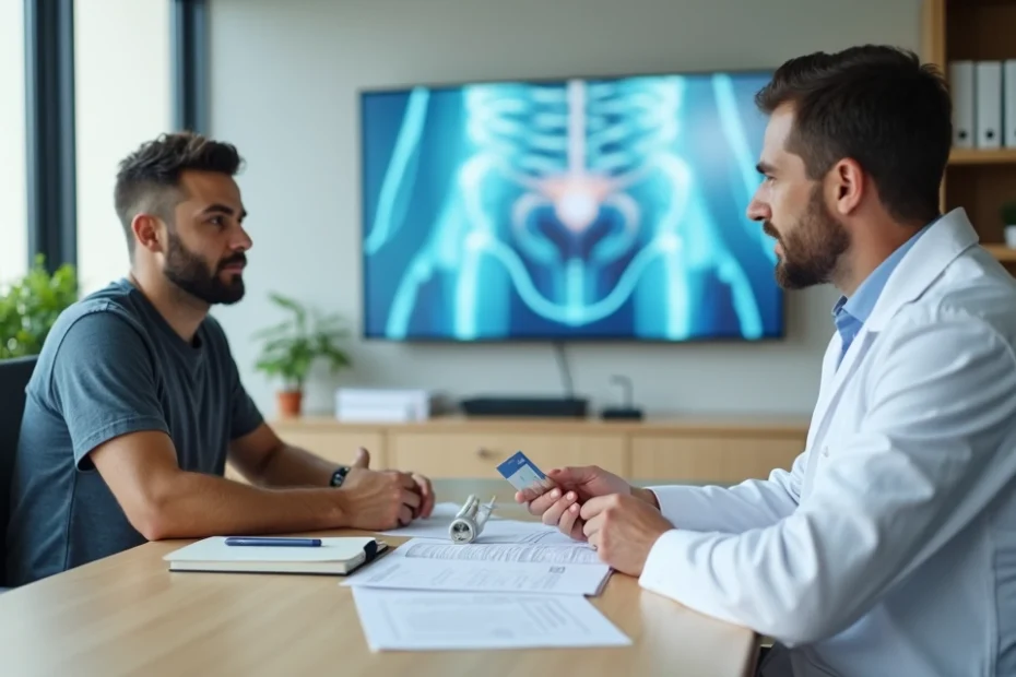 Urologista explica opção de prótese peniana a paciente em consultório moderno