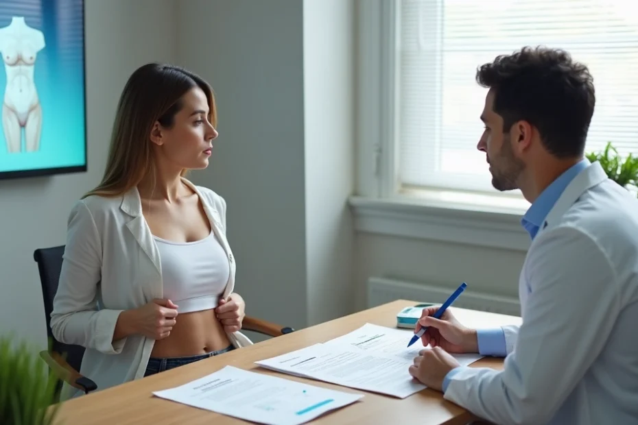 Paciente marca em abdome com médico explicando cirurgia e cobertura do plano de saúde